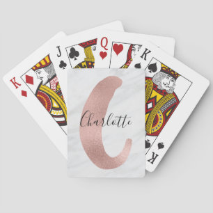 Chic White & Grey Marble Rose Gold C Monogram Name Playing Cards