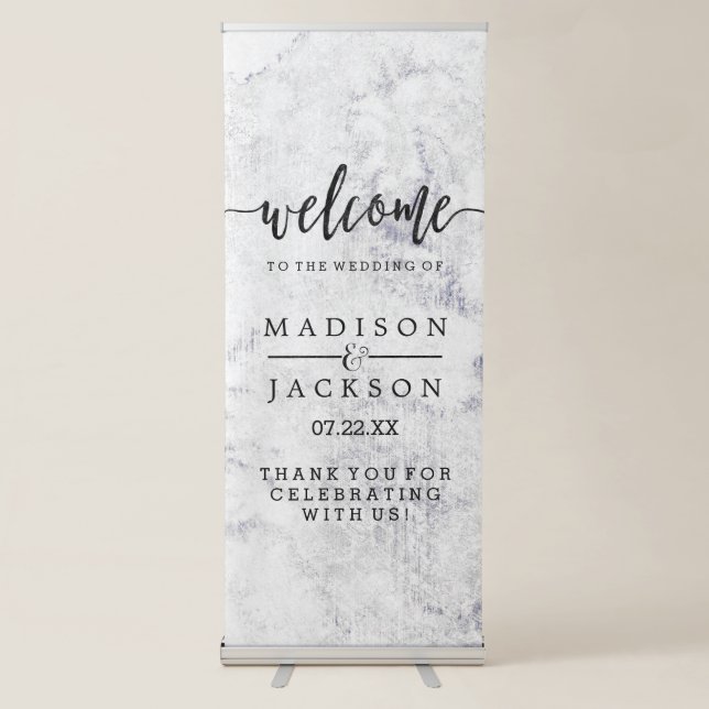 Chic White & Grey Marble Wedding Welcome Retractable Banner (Front)
