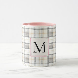Chic White Grey Plaid Stripes Monogram Mug