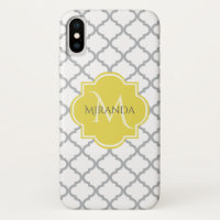 Chic White Grey Quatrefoil Yellow Monogrammed Name