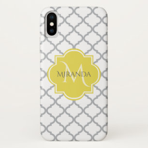 Chic White Grey Quatrefoil Yellow Monogrammed Name iPhone X Case