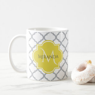 Chic White Grey Quatrefoil Yellow Monogrammed Name Coffee Mug