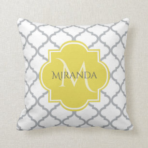 Chic White Grey Quatrefoil Yellow Monogrammed Name Cushion