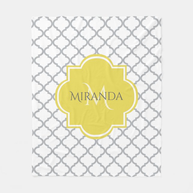 Chic White Grey Quatrefoil Yellow Monogrammed Name Fleece Blanket (Front)