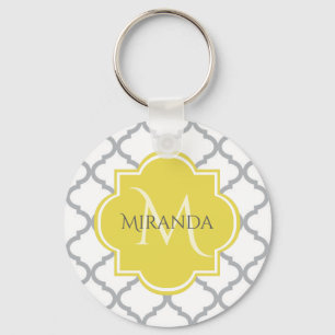 Chic White Grey Quatrefoil Yellow Monogrammed Name Key Ring