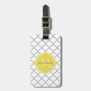 Chic White Grey Quatrefoil Yellow Monogrammed Name Luggage Tag