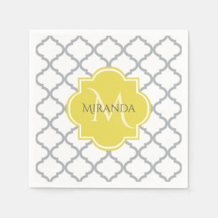 Chic White Grey Quatrefoil Yellow Monogrammed Name Napkin