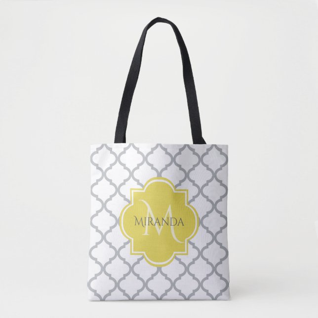 Chic White Grey Quatrefoil Yellow Monogrammed Name Tote Bag (Front)