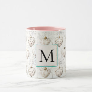 Chic White Heart Ornaments Monogram Mug