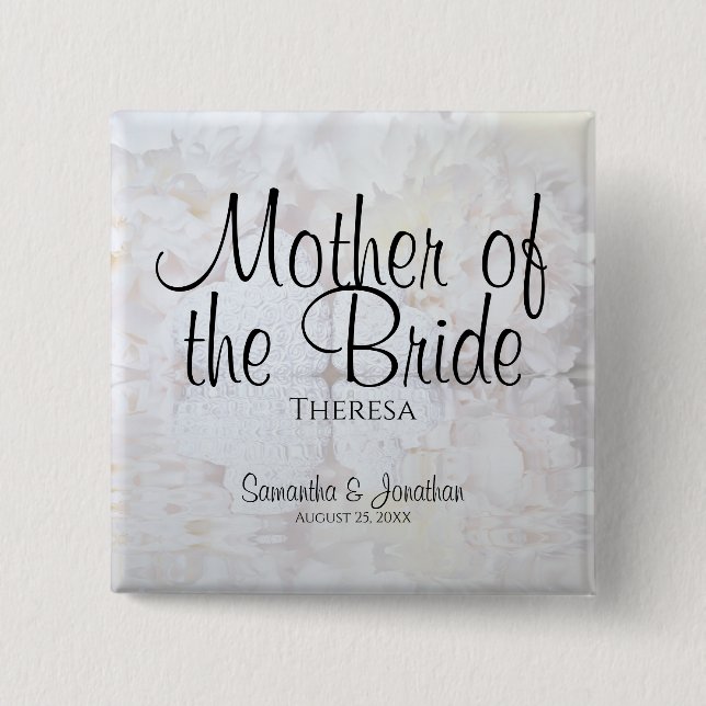 Chic White Hearts and Peonies Mother of the Bride 15 Cm Square Badge (Front)