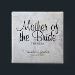 Chic White Hearts and Peonies Mother of the Bride 15 Cm Square Badge<br><div class="desc">This beautiful name tag button is perfect for identifying key members of the wedding party at the bridal shower, rehearsal dinner, or wedding reception. Designed as a part of our White Reflections Wedding Suite, it features black text over a background of reflecting white flowers and hearts. The text is fully...</div>