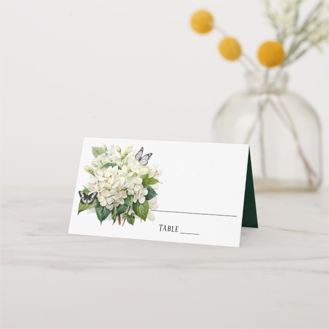 Chic White Hydrangea and Butterfly Wedding Table Place Card (Front)