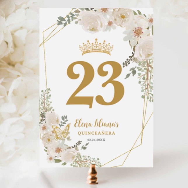 Chic White Ivory Floral Quinceanera Table Number (Creator Uploaded)