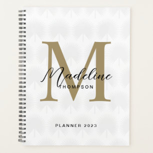 Chic White Ivory Gold Anahaw Leaf Script Monogram Planner