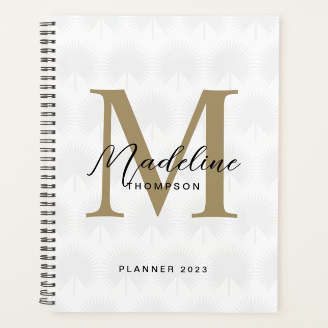 Chic White Ivory Gold Anahaw Leaf Script Monogram Planner (Front)