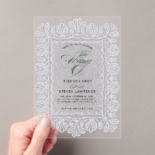 Chic white lace calligraphy wedding acrylic invitations