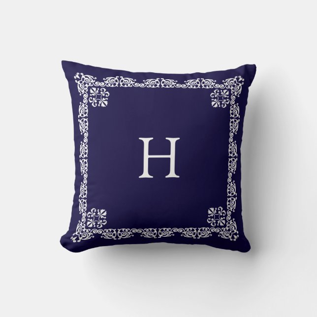 Chic White Lace Vector & Monogram on Navy Blue Cushion (Front)