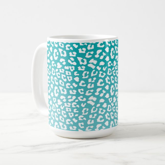 Chic White Leopard Spots on Turquoise Coffee Mug (Front Left)