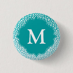 Chic White Leopard Spots on Turquoise Monogram 3 Cm Round Badge