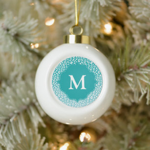 Chic White Leopard Spots on Turquoise Monogram Ceramic Ball Christmas Ornament