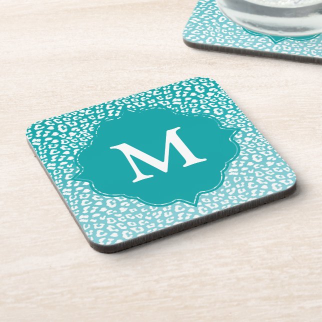 Chic White Leopard Spots on Turquoise Monogram Coaster (Left Side)