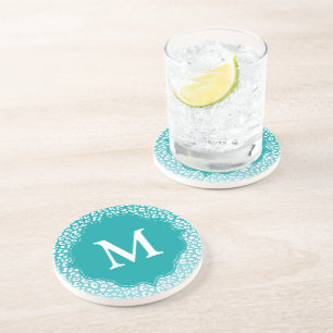 Chic White Leopard Spots on Turquoise Monogram Coaster