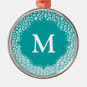 Chic White Leopard Spots on Turquoise Monogram Metal Tree Decoration