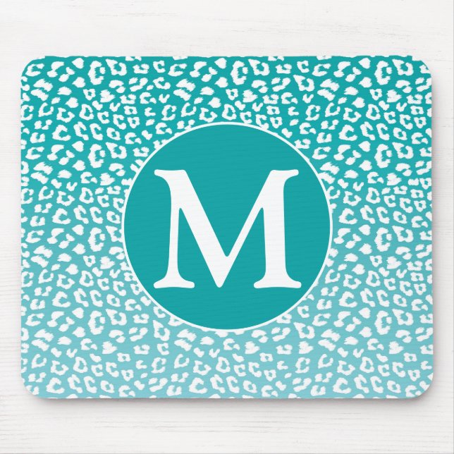 Chic White Leopard Spots on Turquoise Monogram Mouse Mat (Front)