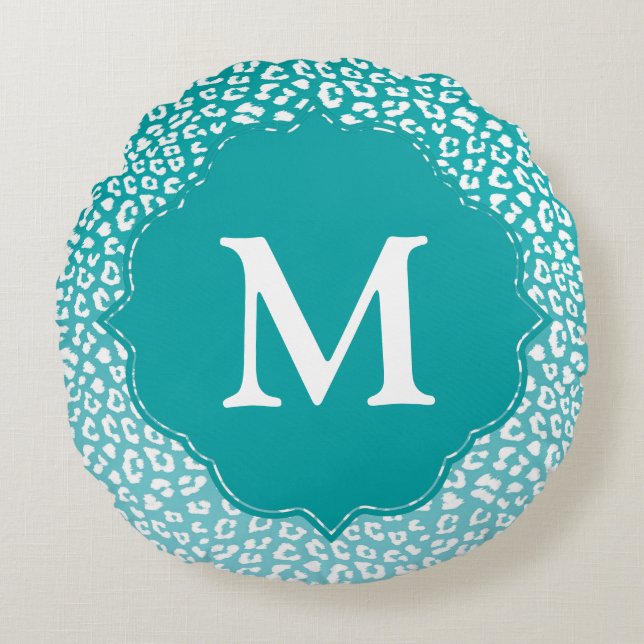 Chic White Leopard Spots on Turquoise Monogram Round Cushion (Front)