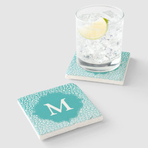 Chic White Leopard Spots on Turquoise Monogram Stone Coaster