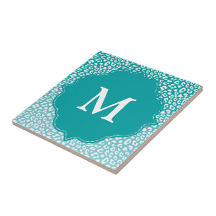 Chic White Leopard Spots on Turquoise Monogram Tile