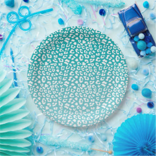 Chic White Leopard Spots on Turquoise Paper Plate