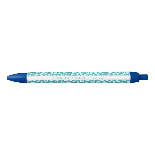 Chic White Leopard Spots on Turquoise Personalised Blue Ink Pen (Front)
