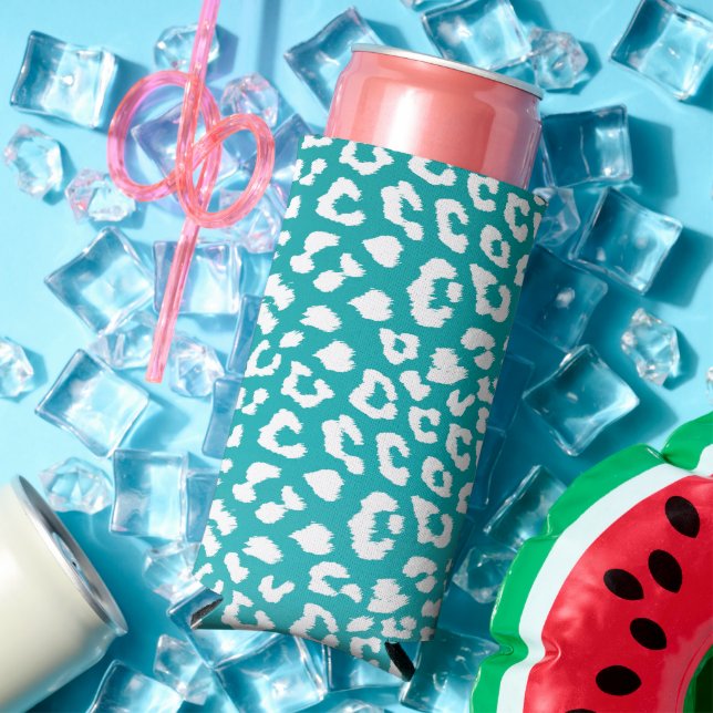 Chic White Leopard Spots on Turquoise Seltzer Can Cooler (In Situ Summer)