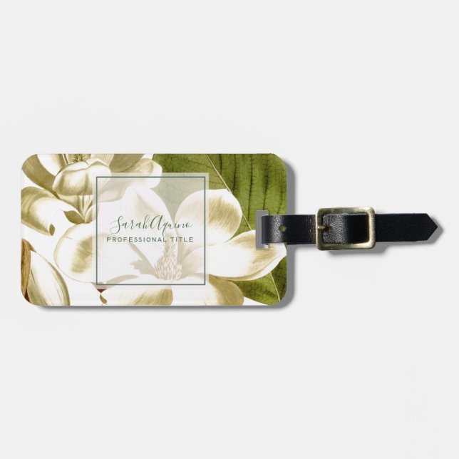 Chic White Magnolias Floral Business Luggage Tag (Front Horizontal)