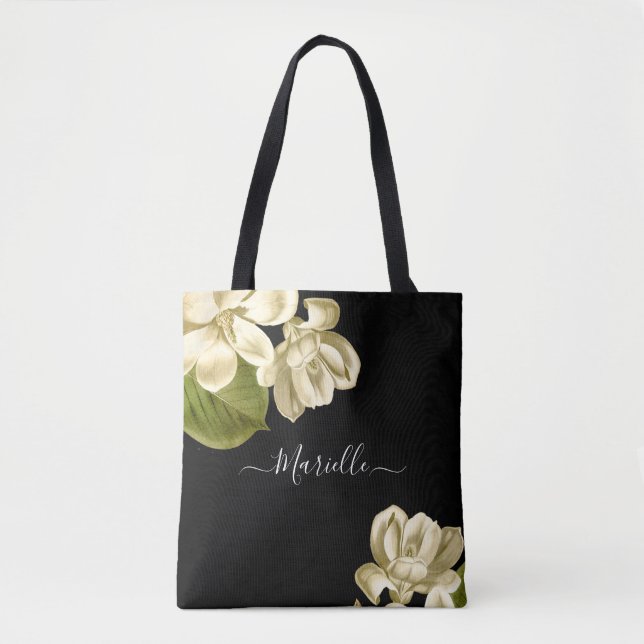 Chic White Magnolias On Black Stylish Tote Bag (Front)