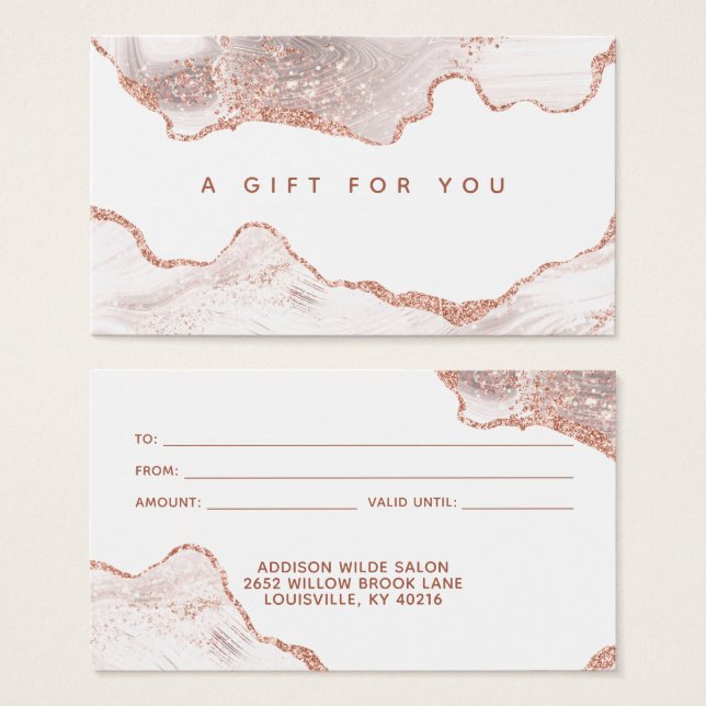 Chic White Marble Agate Rose Gold Gift Card (Front & Back)
