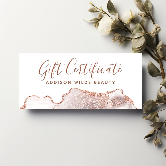 Chic White Marble Agate Rose Gold Gift Certificate (Creator Uploaded)