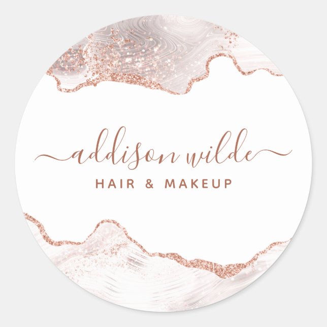 Chic White Marble Agate Rose Gold Glitter  Classic Round Sticker (Front)