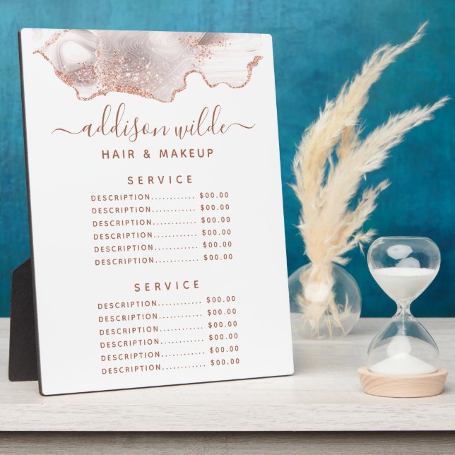 Chic White Marble Agate Rose Gold Price Menu Plaque (Side)