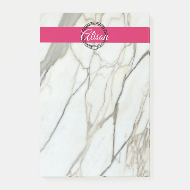 Chic white marble and pink girl's name post-it notes (Front)