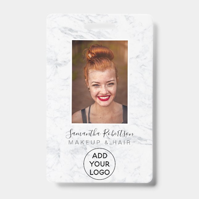 Chic white marble logo employee photo pass ID badge (Front)