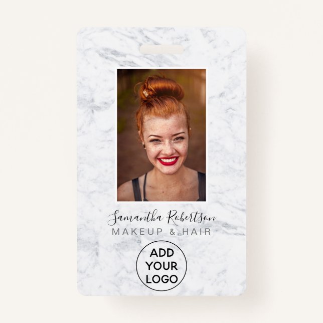 Chic white marble logo employee photo pass ID badge (Front)