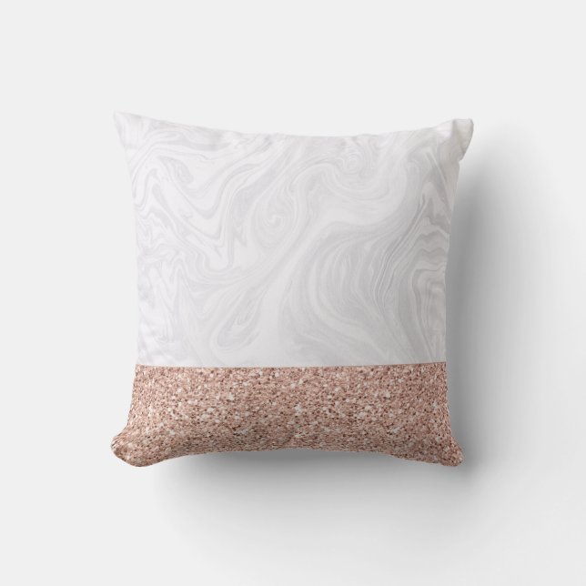 Chic White Marble with Pink Faux Rose Gold Glitter Cushion (Front)