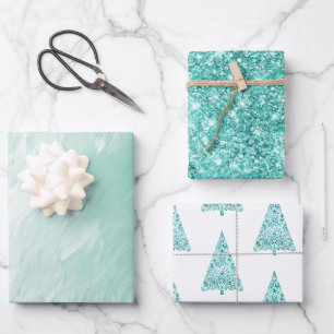 Chic White Mint Christmas Trees Glitter Wrapping Paper Sheet