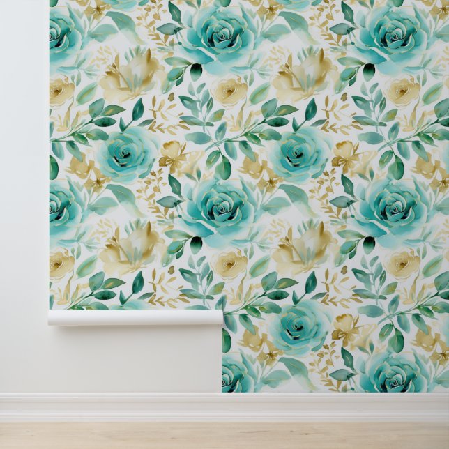 Chic White Mint Green Gold Flowers Wallpaper (Application)
