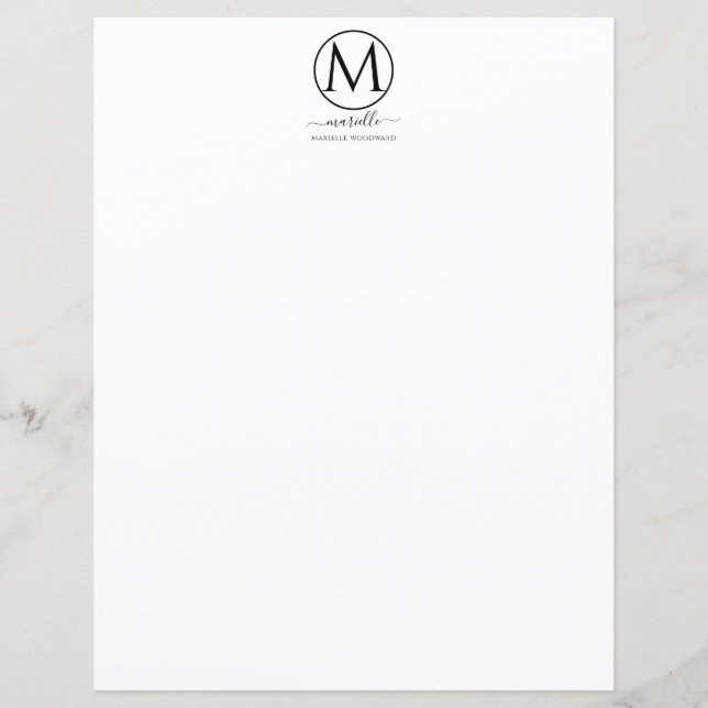 Chic White Monogram Black Stationery (Front)