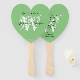 Chic White Monogram on Soft Green Wedding Program Hand Fan