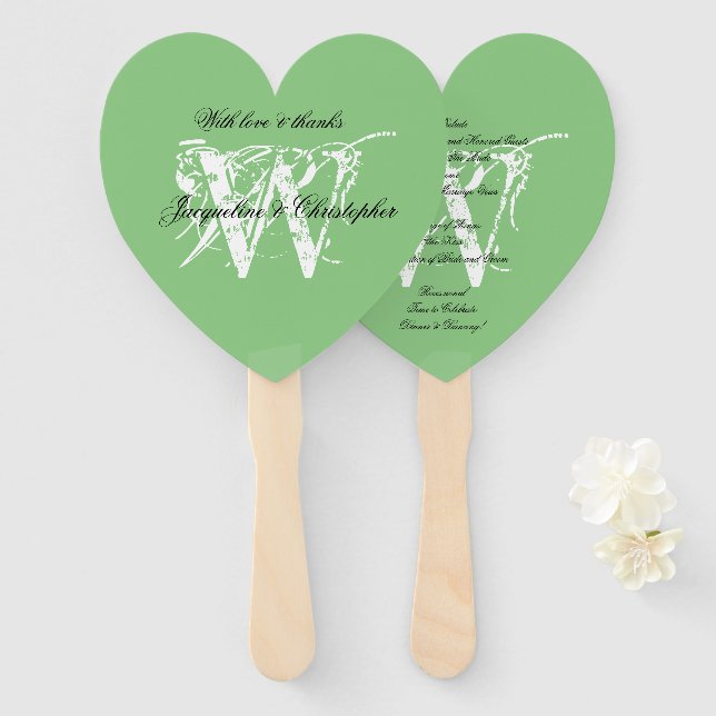 Chic White Monogram on Soft Green Wedding Program Hand Fan (Front and Back)