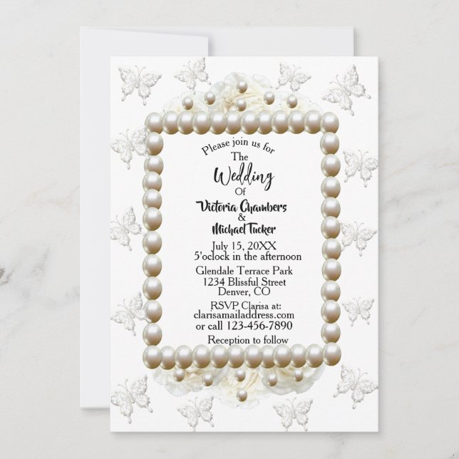 Chic White Pearl Butterfly Wedding Invitation (Front)